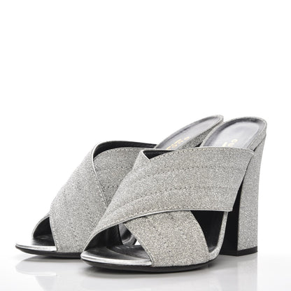 Gucci Glitter Fabric Webby Crossover High Heel Slide Sandals 39 Argento 3 of 8
