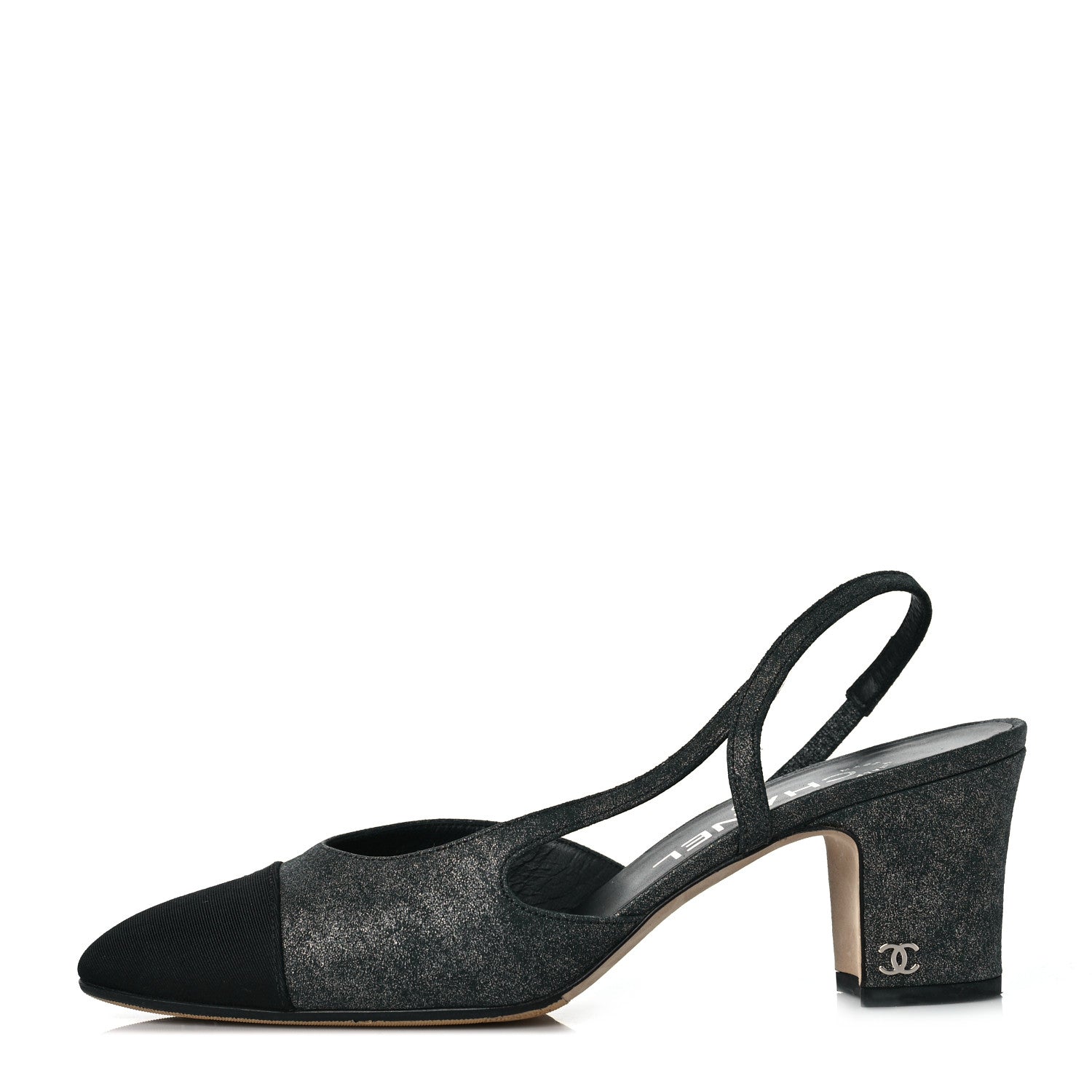 Chanel Lambskin Grosgrain Cap Toe CC Slingback Sandals 37 Black Silver 1 of 8