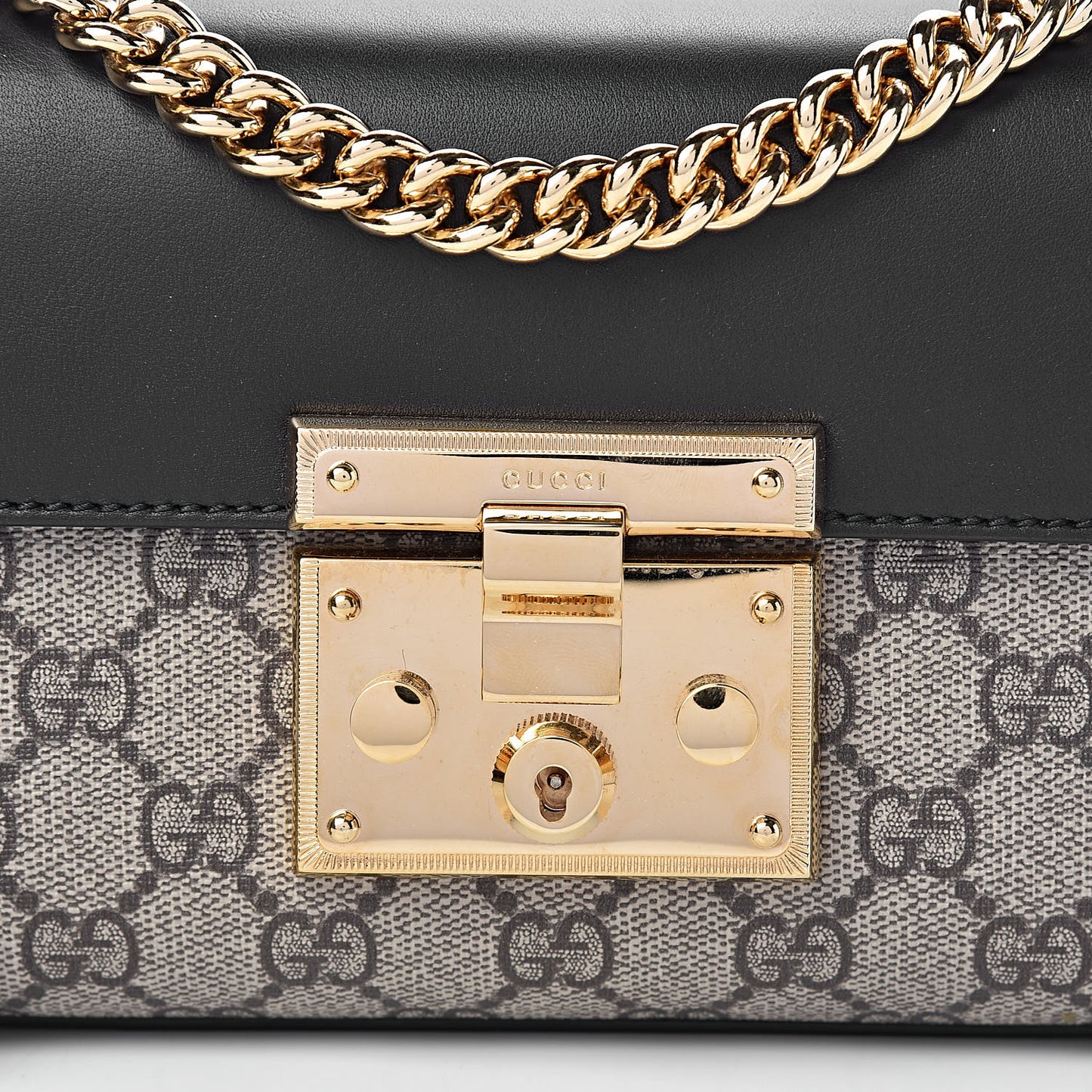 GG Supreme Monogram Calfskin Small Padlock Shoulder Bag Beige Black Cuir