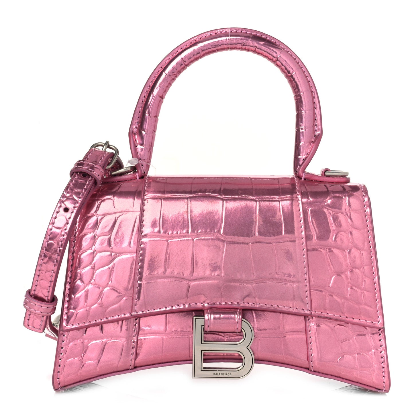Metallic Shiny Calfskin Crocodile Embossed Hourglass Top Handle Bag XS Pink