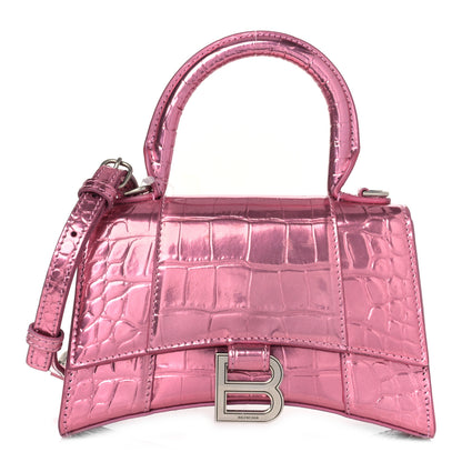 Balenciaga Metallic Shiny Calfskin Crocodile Embossed Hourglass Top Handle Bag XS Pink 1 of 8