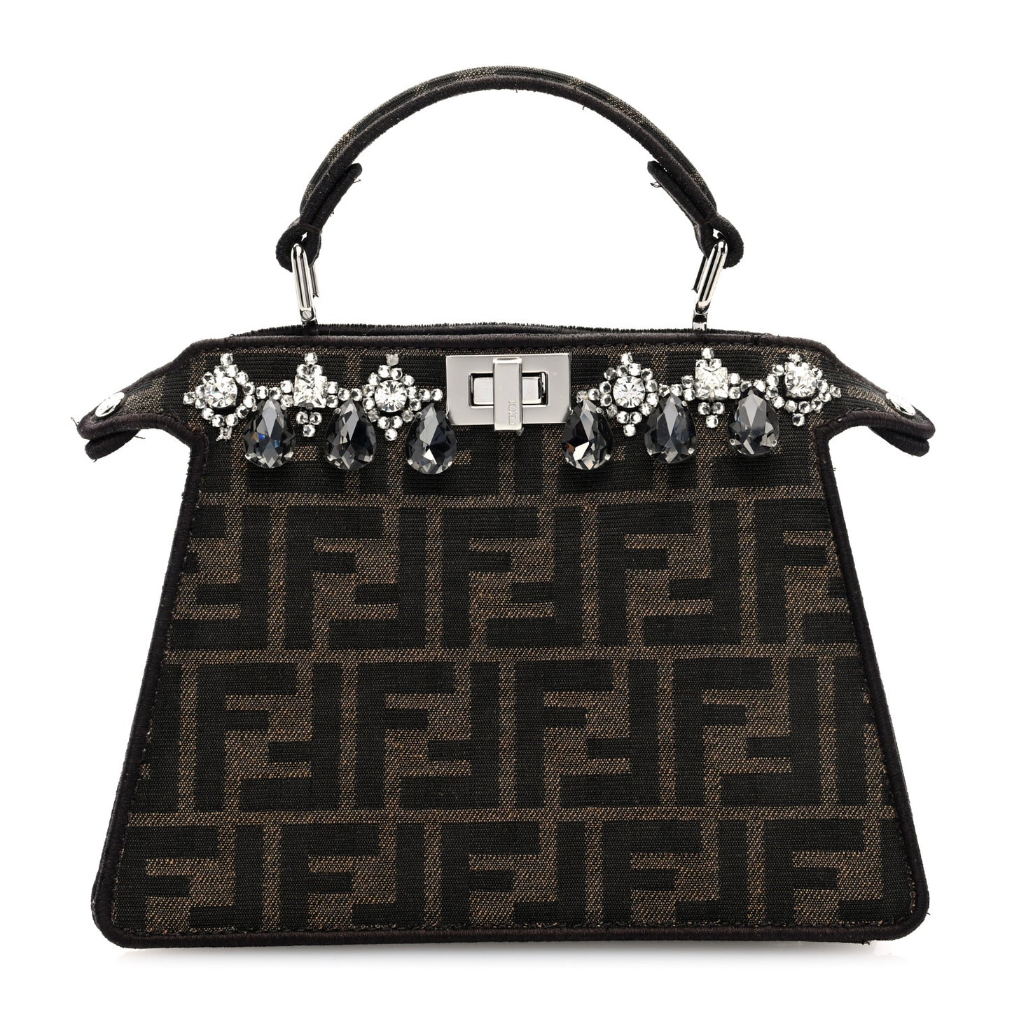 Fabric Jacquard Crystal Embellished FF 1974 Petite Peekaboo I SEE U Satchel Tobacco Moro
