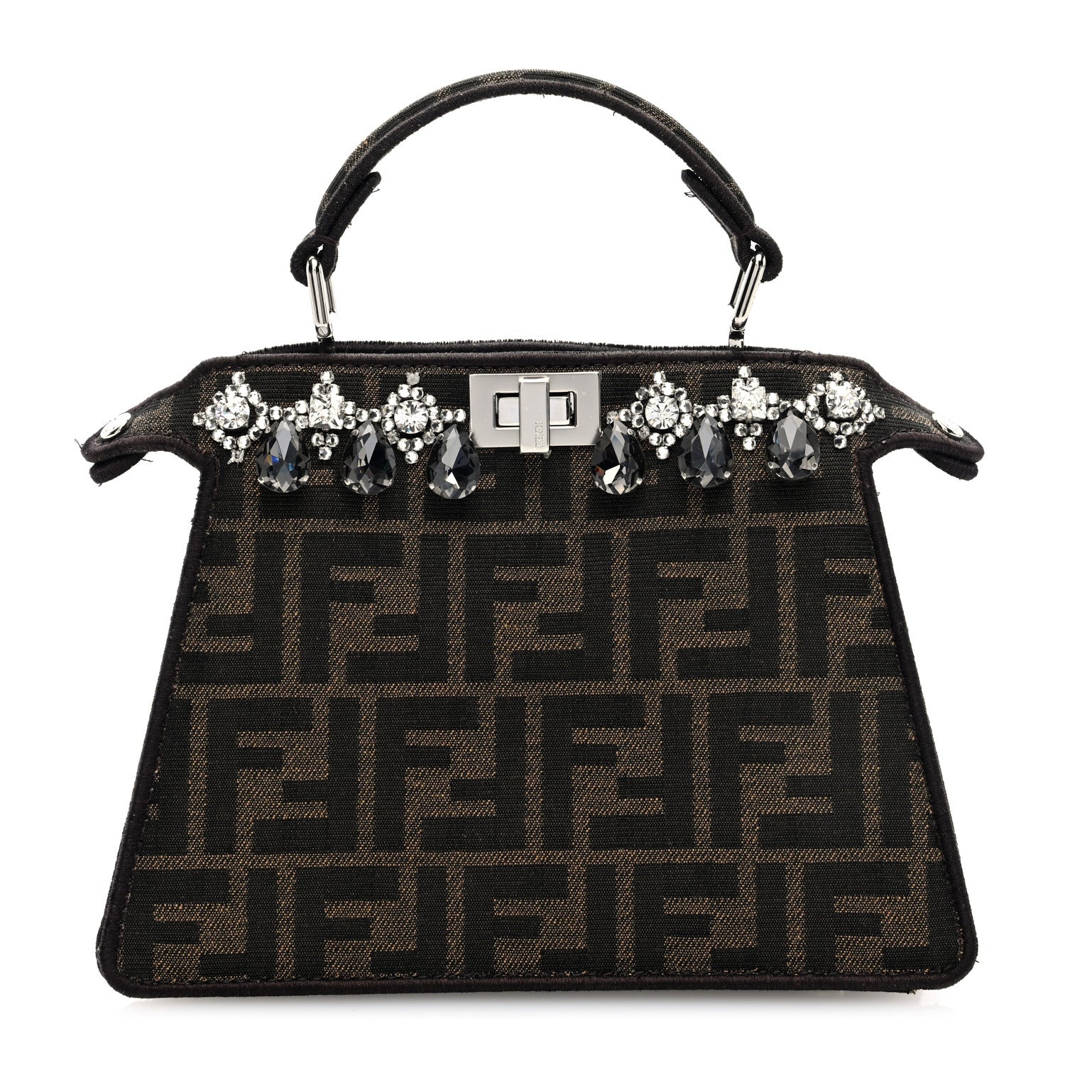 Fendi Fabric Jacquard Crystal Embellished FF 1974 Petite Peekaboo I SEE U Satchel Tobacco Moro 1 of 10