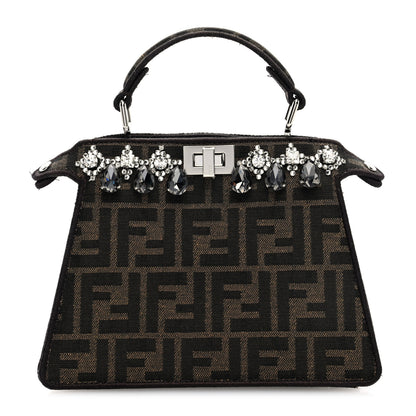 Fendi Fabric Jacquard Crystal Embellished FF 1974 Petite Peekaboo I SEE U Satchel Tobacco Moro 1 of 10