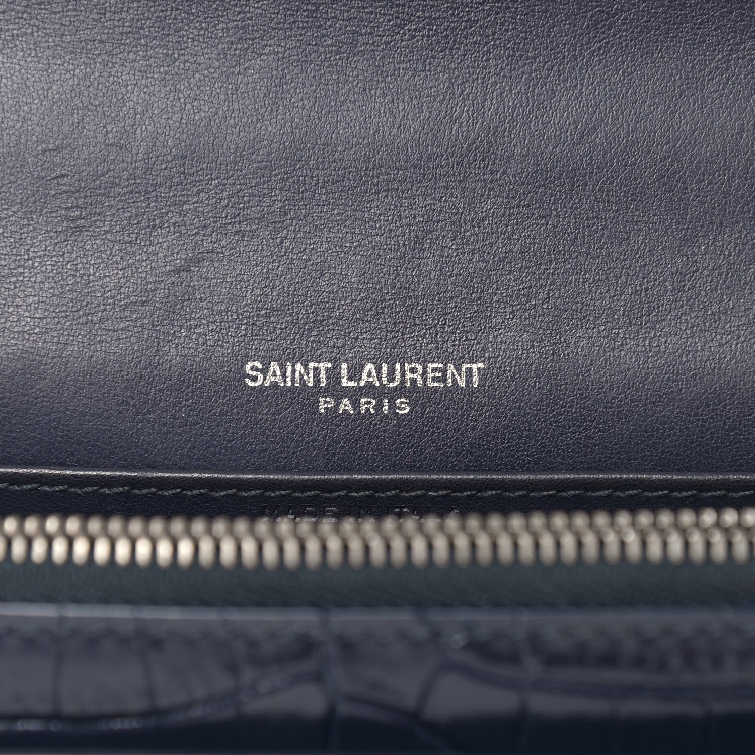 Saint Laurent Calfskin Crocodile Embossed Monogram Sunset Chain Wallet Navy 9 of 13
