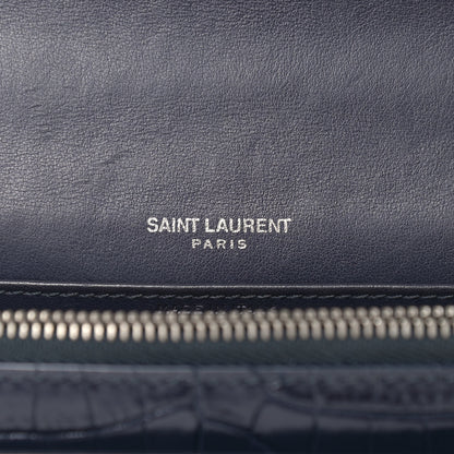 Saint Laurent Calfskin Crocodile Embossed Monogram Sunset Chain Wallet Navy 9 of 13