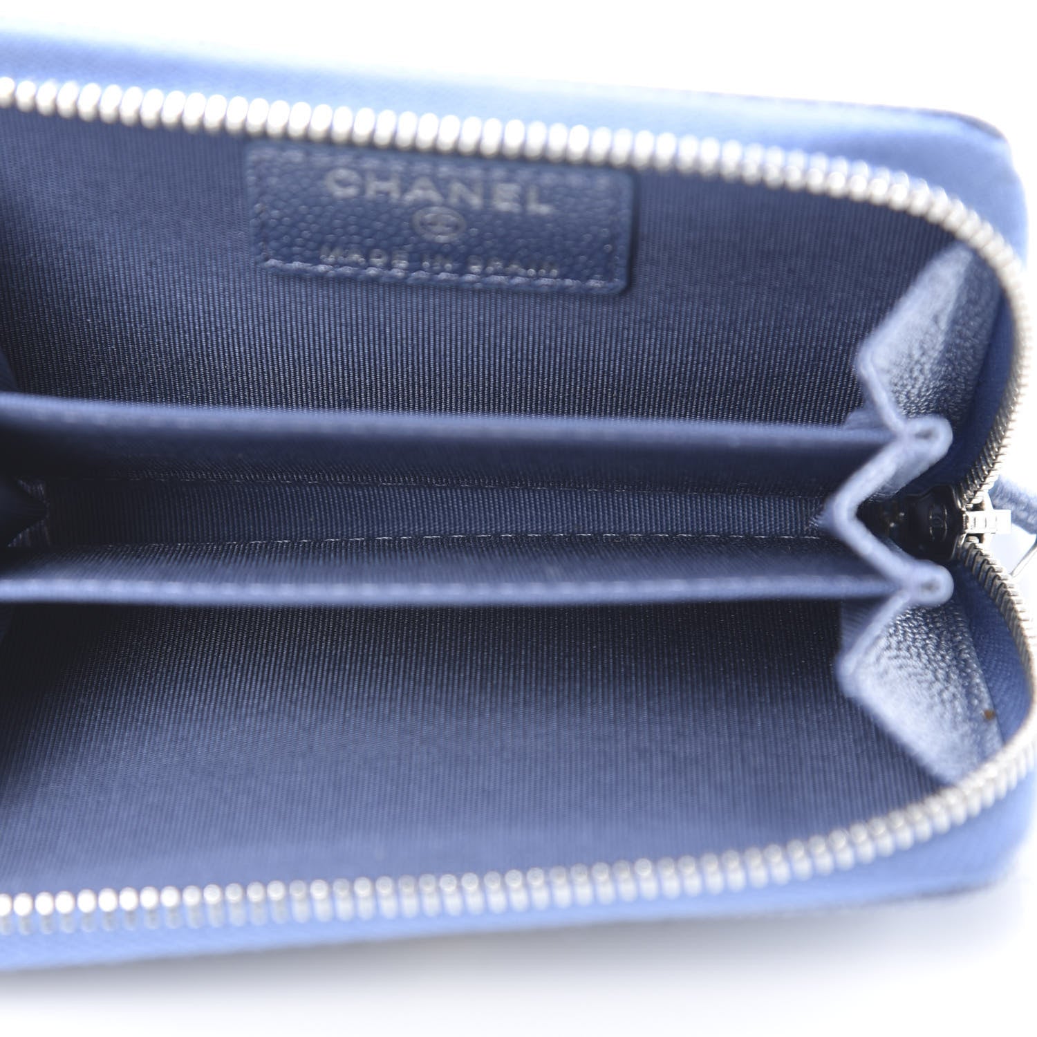 Chanel Metallic Caviar Chevron Quilted Vintage Mademoiselle Zip Coin Purse Light Blue 5 of 8
