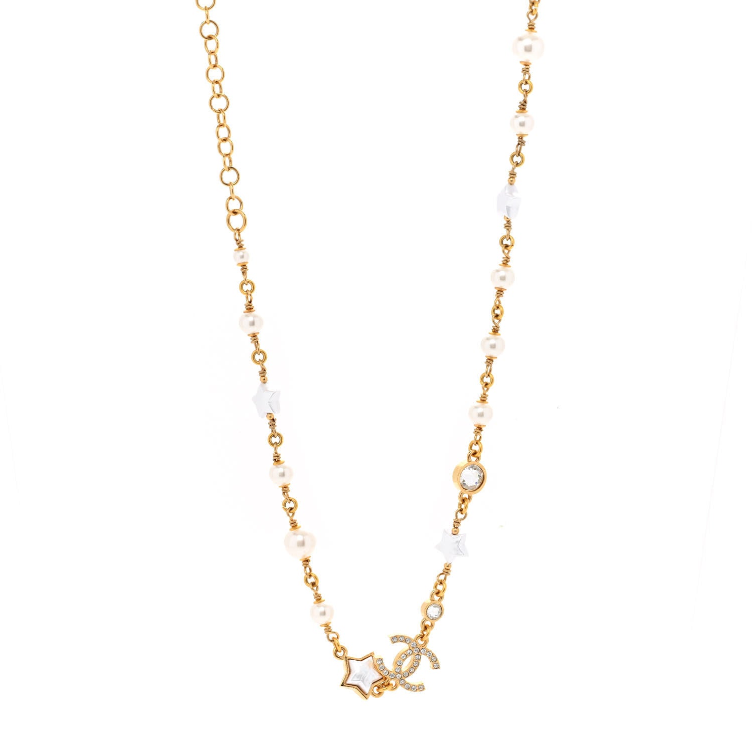 Chanel Metal Crystal Pearl CC Star Gold Pearly White 1 of 5