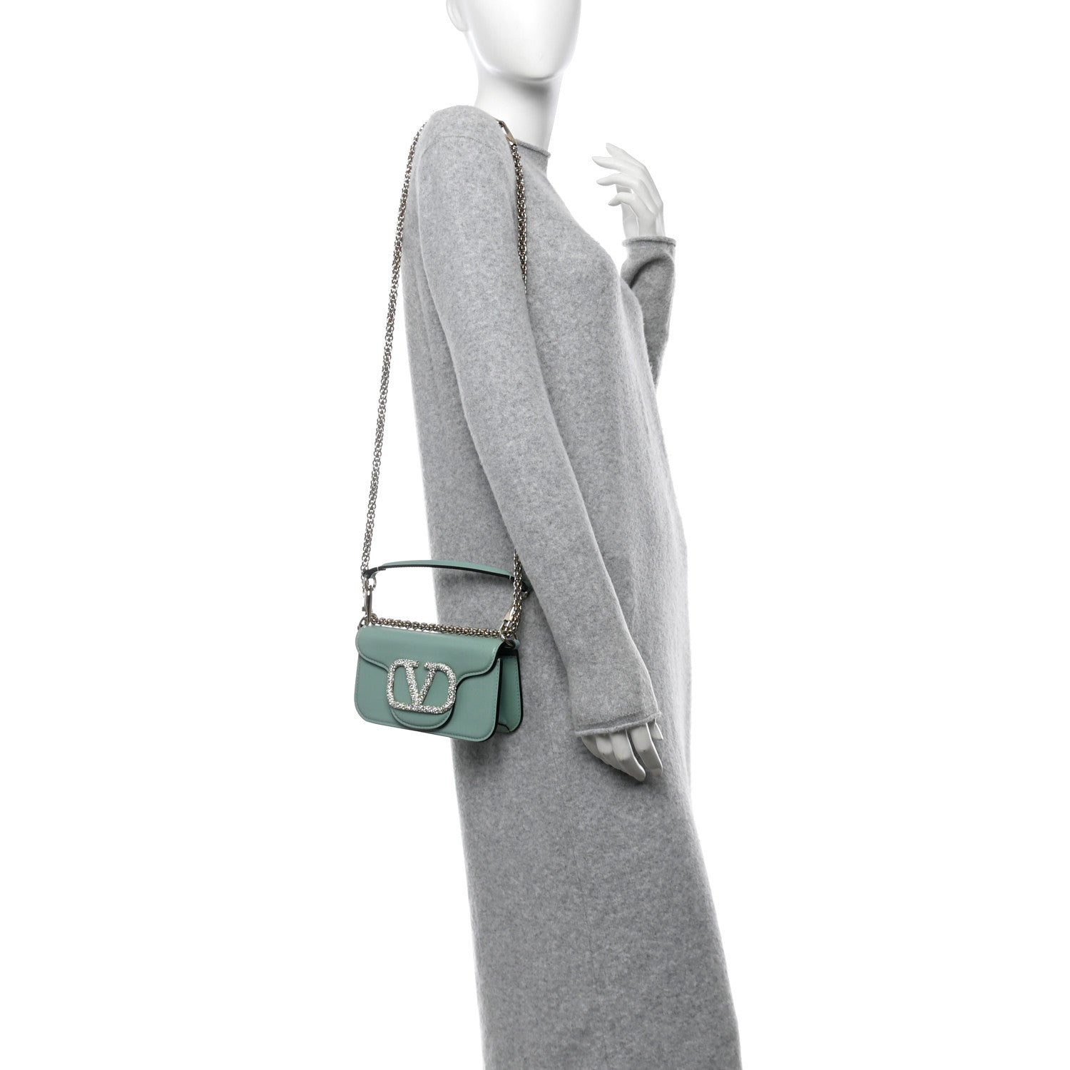 Valentino Garavani Calfskin Crystal Vlogo Loco Shoulder Bag Morning Dew 2 of 13