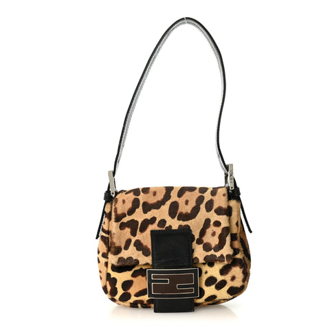 Calf Hair Leopard Print Mini Baguette Brown