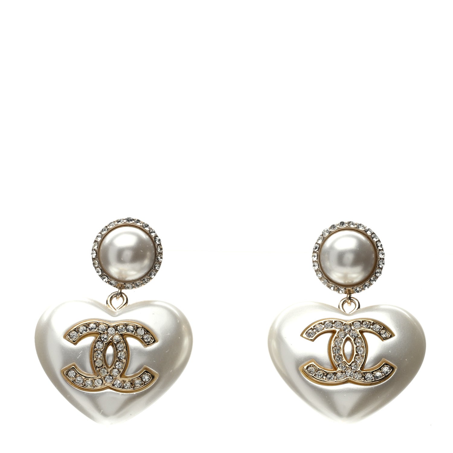 Chanel Pearl Crystal CC Heart Drop Earrings Gold 1 of 5