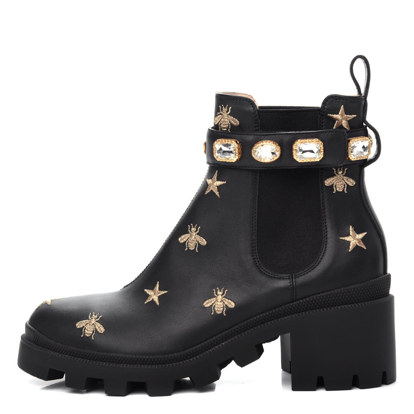 Calfskin Bee Star Embroidered Belt Ankle Boots 39.5 Black