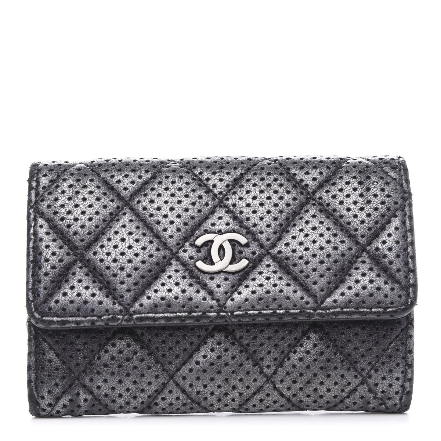 Lambskin Perforated Quilted Card Holder Grey