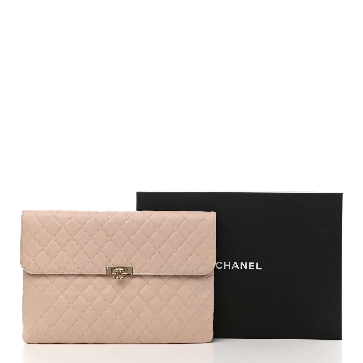 Caviar Quilted Large Golden Class Pouch Beige