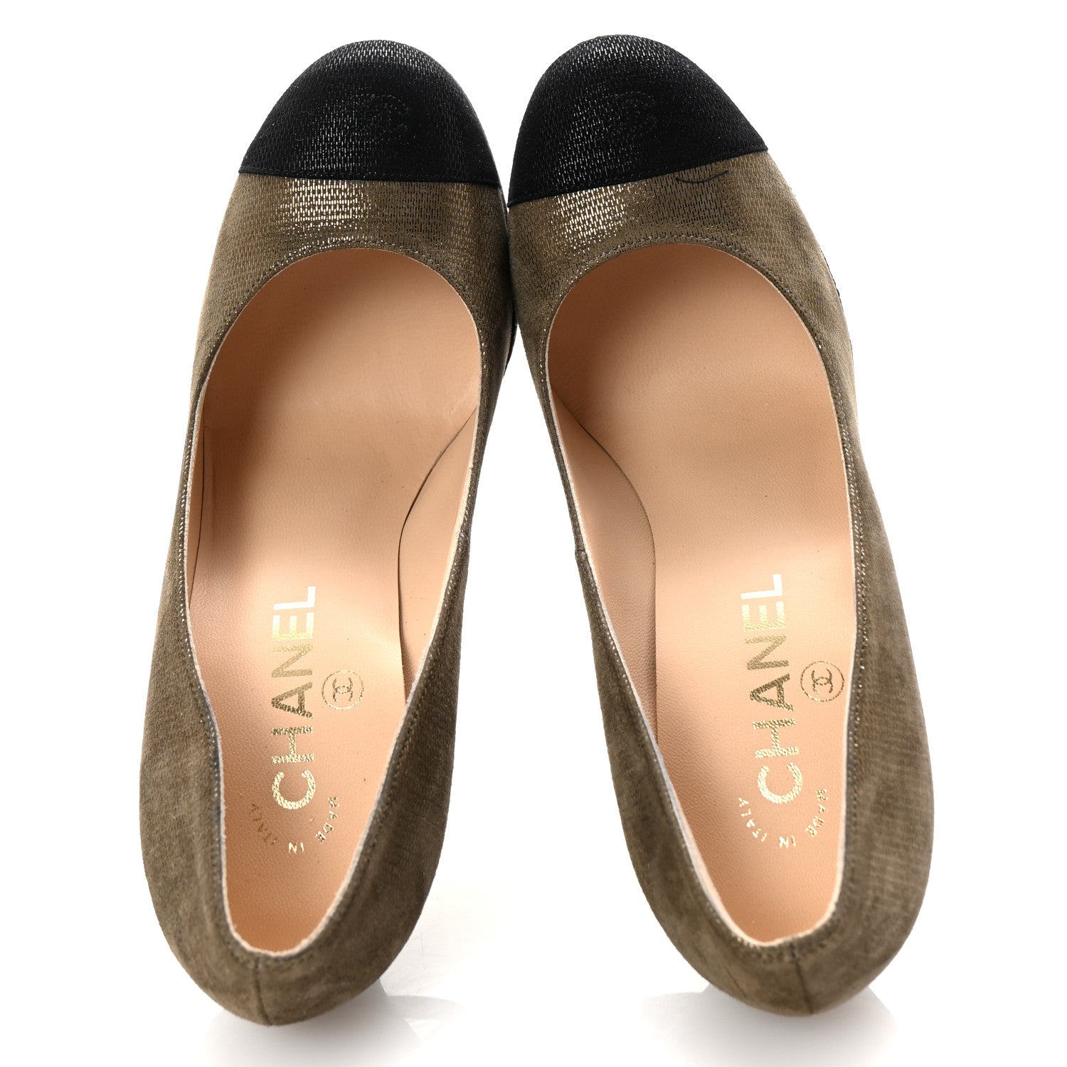 Chanel Metallic Fabric CC Cap Toe Pumps 38.5 Khaki Black 2 of 10