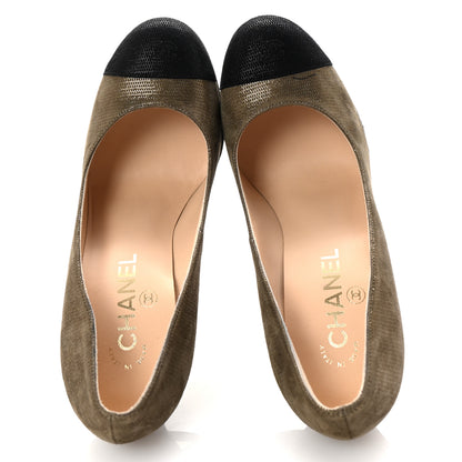 Chanel Metallic Fabric CC Cap Toe Pumps 38.5 Khaki Black 2 of 10