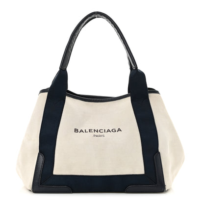 Balenciaga Cotton Canvas Satin Calfskin S Navy Cabas Natural Black 1 of 19