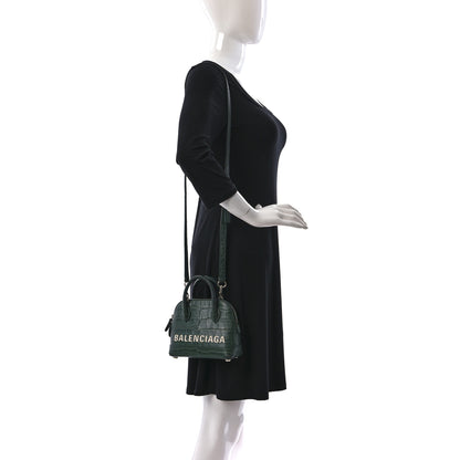 Balenciaga Calfskin Logo Crocodile Embossed XXS Ville Top Handle Bag Dark Green White 2 of 9