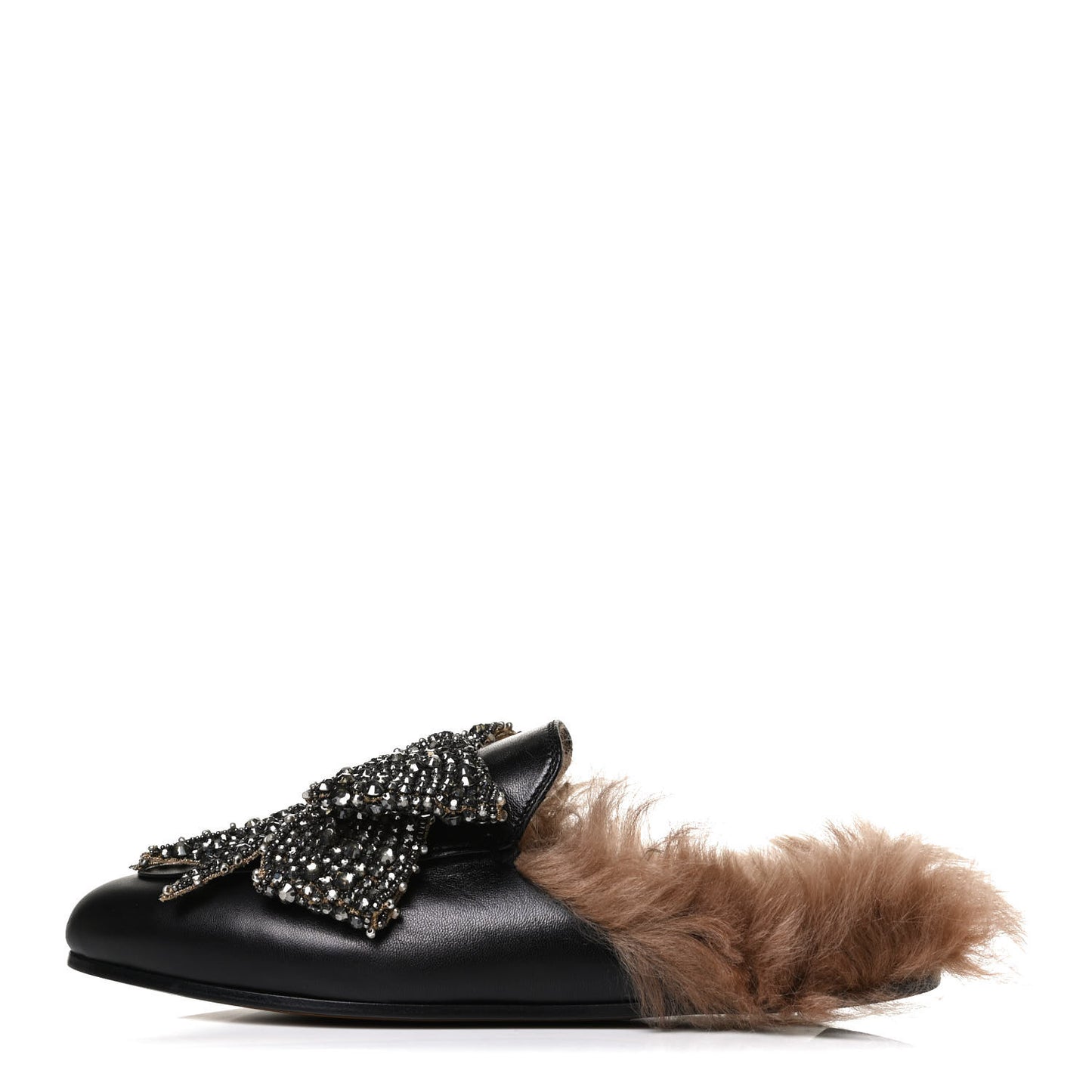 Malaga Kid Fur Crystal Bow Embroidered Womens Princetown Slippers 38 Black