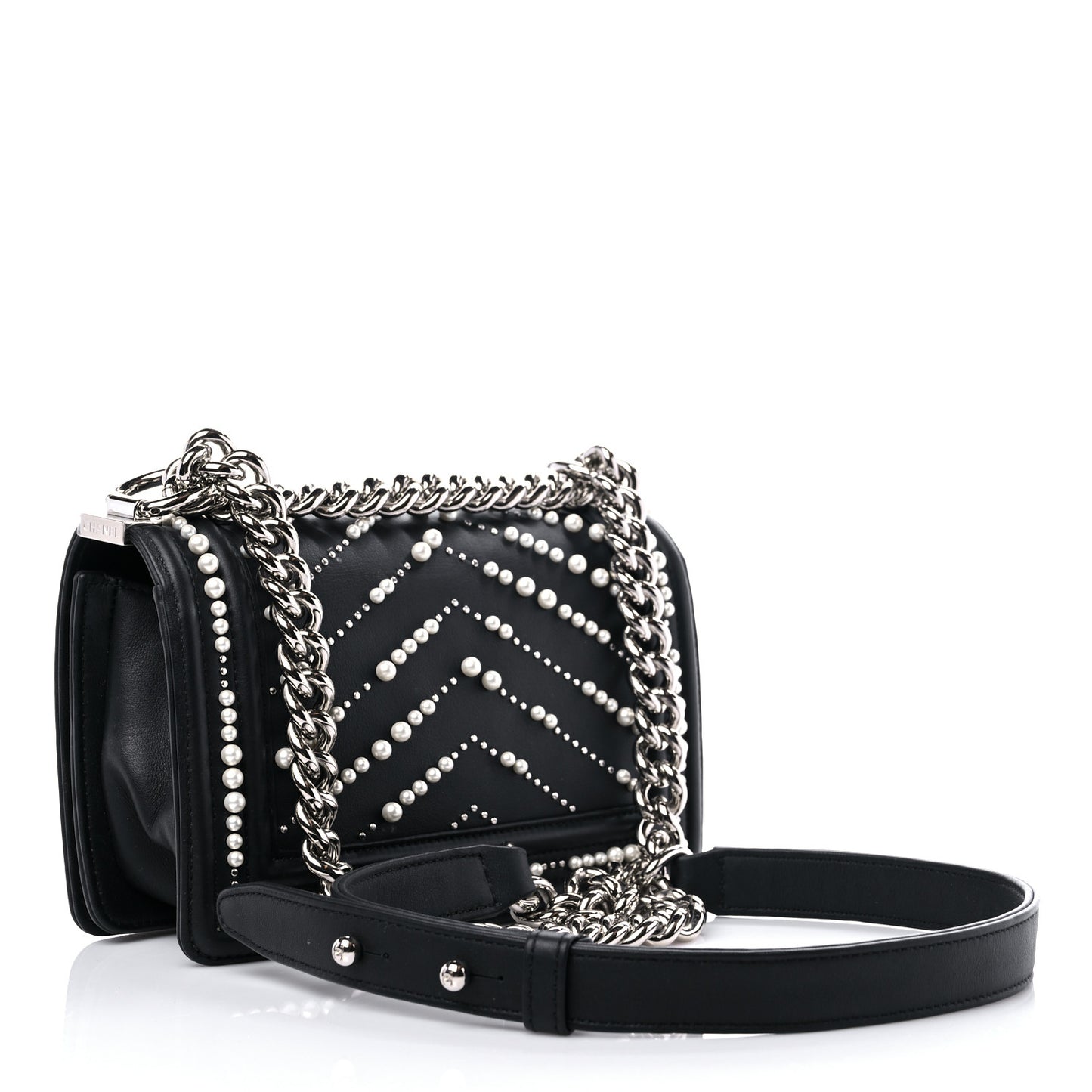 Calfskin Pearl Chevron Small Boy Flap Black