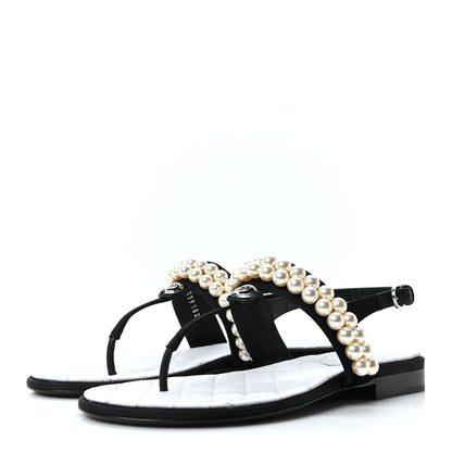 Chanel Grosgrain Pearl CC Sandals 37 Black 4 of 10