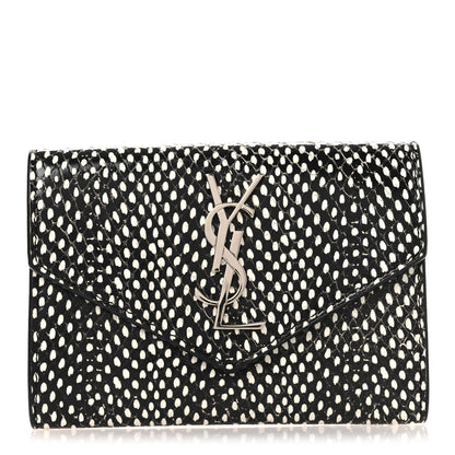 Saint Laurent Calfskin Lambskin Snakeskin Embossed Small Monogram Envelope Wallet Black White 1 of 7
