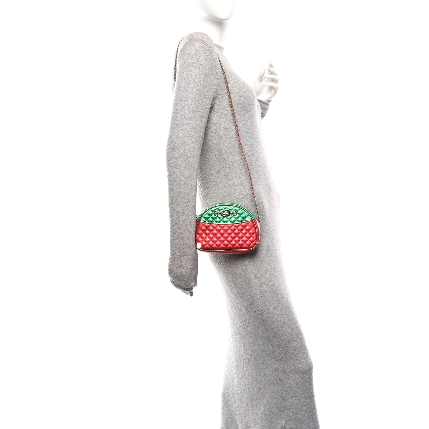 Gucci Laminated Nappa Trapuntata Mini Zumi Dome Shoulder Bag Rosso Jasmine Green Rame 2 of 10