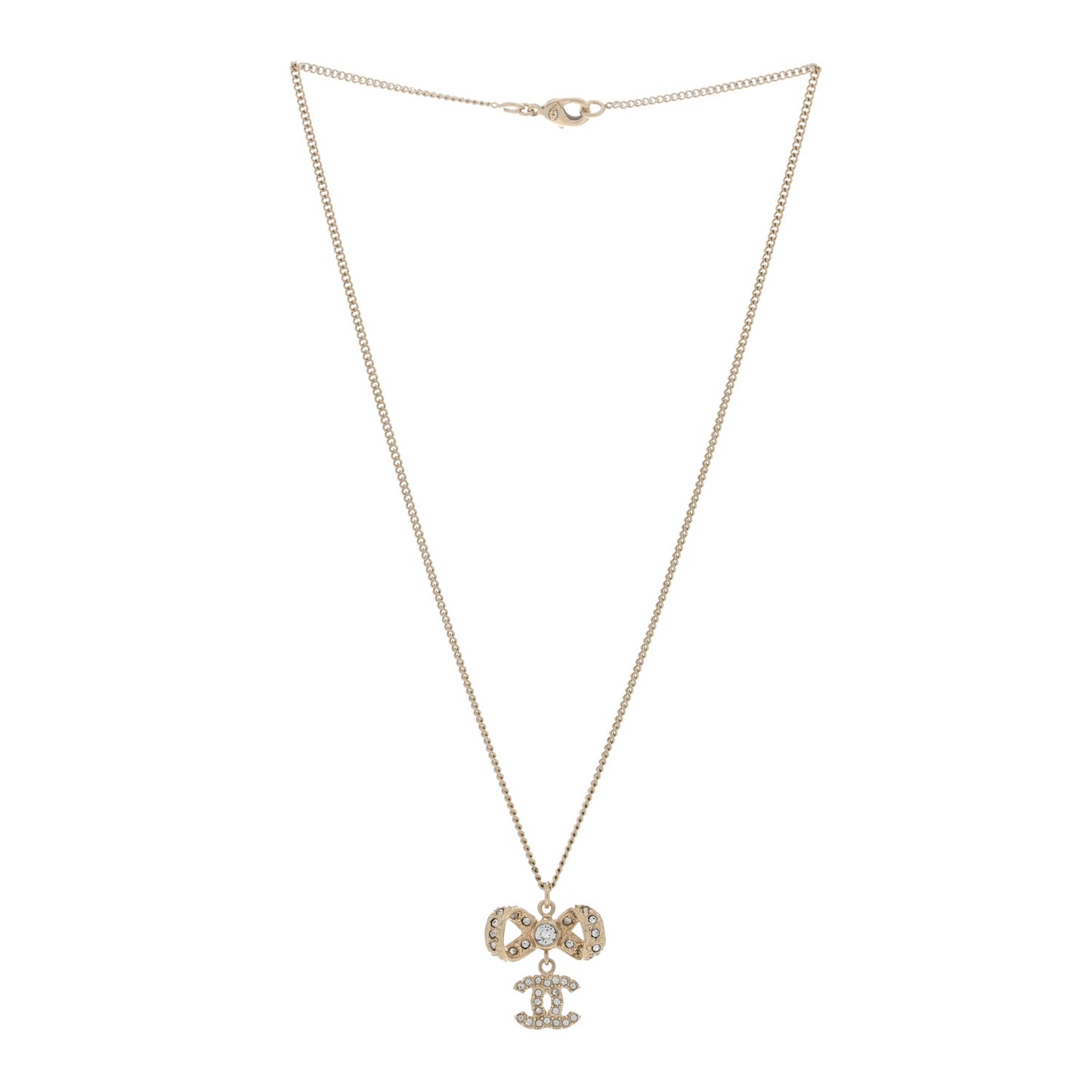Metal Crystal CC Bow Drop Necklace Gold