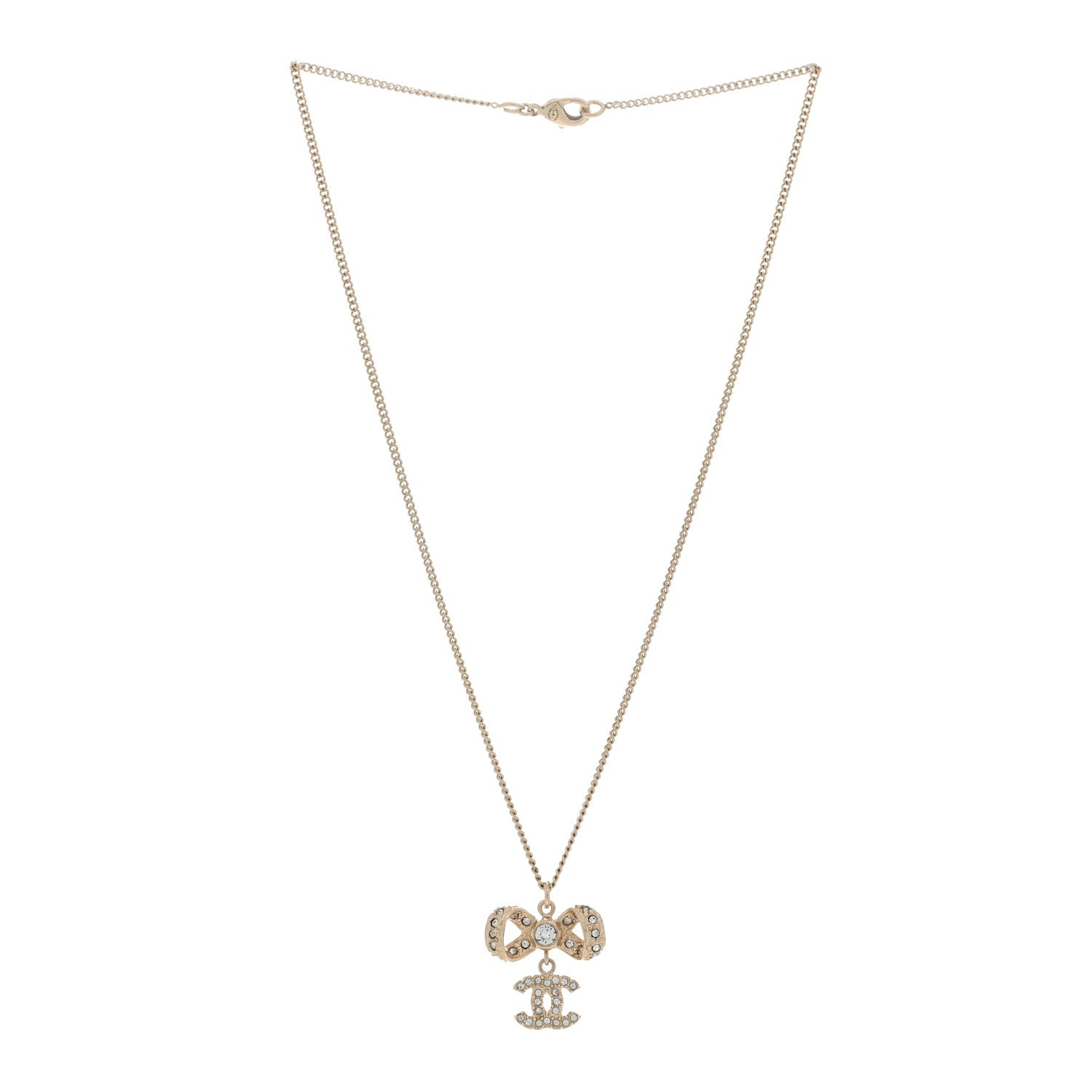 Chanel Metal Crystal CC Bow Drop Necklace Gold 2 of 3