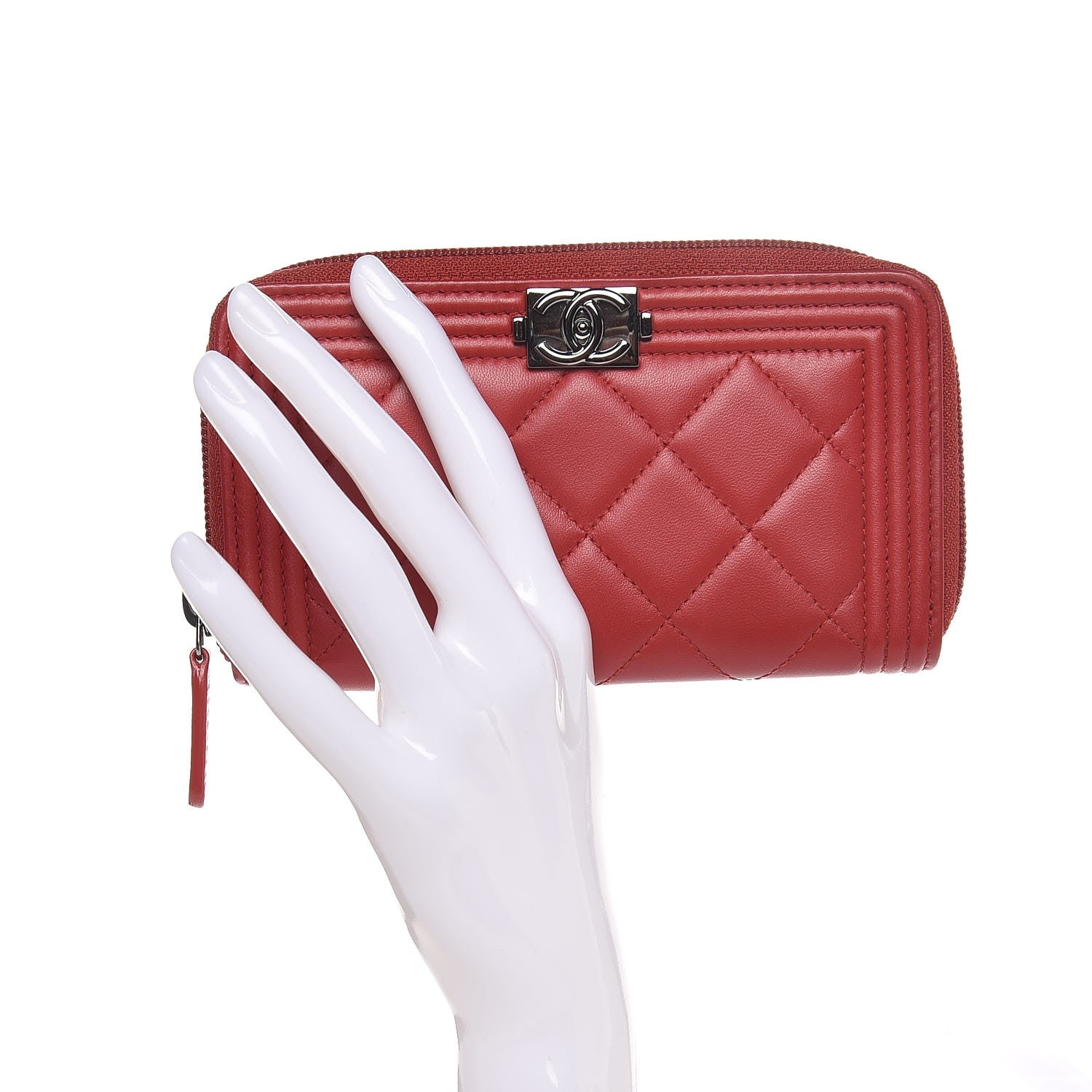 Chanel Lambskin Quilted Small Boy Zip Around Wallet Dark Red 2 of 9