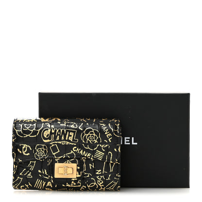 Chanel Calfskin Crocodile Embossed Graffiti 2.55 Cocodile Reissue Flap Card Holder Black Gold 10 of 10