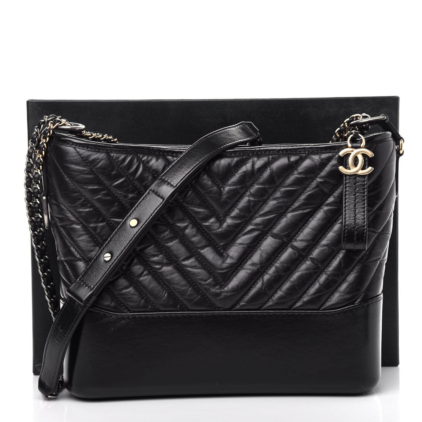 Aged Calfskin Chevron Quilted Medium Gabrielle Hobo Black