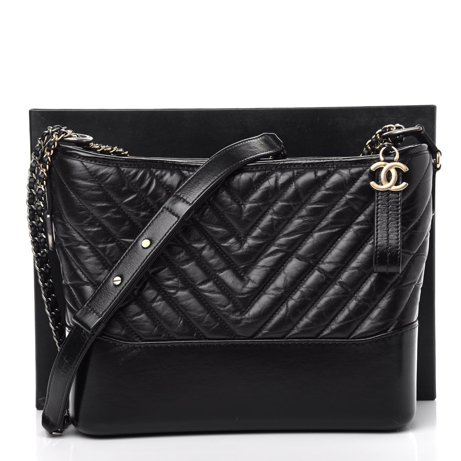 Chanel Aged Calfskin Chevron Quilted Medium Gabrielle Hobo Black 11 of 11