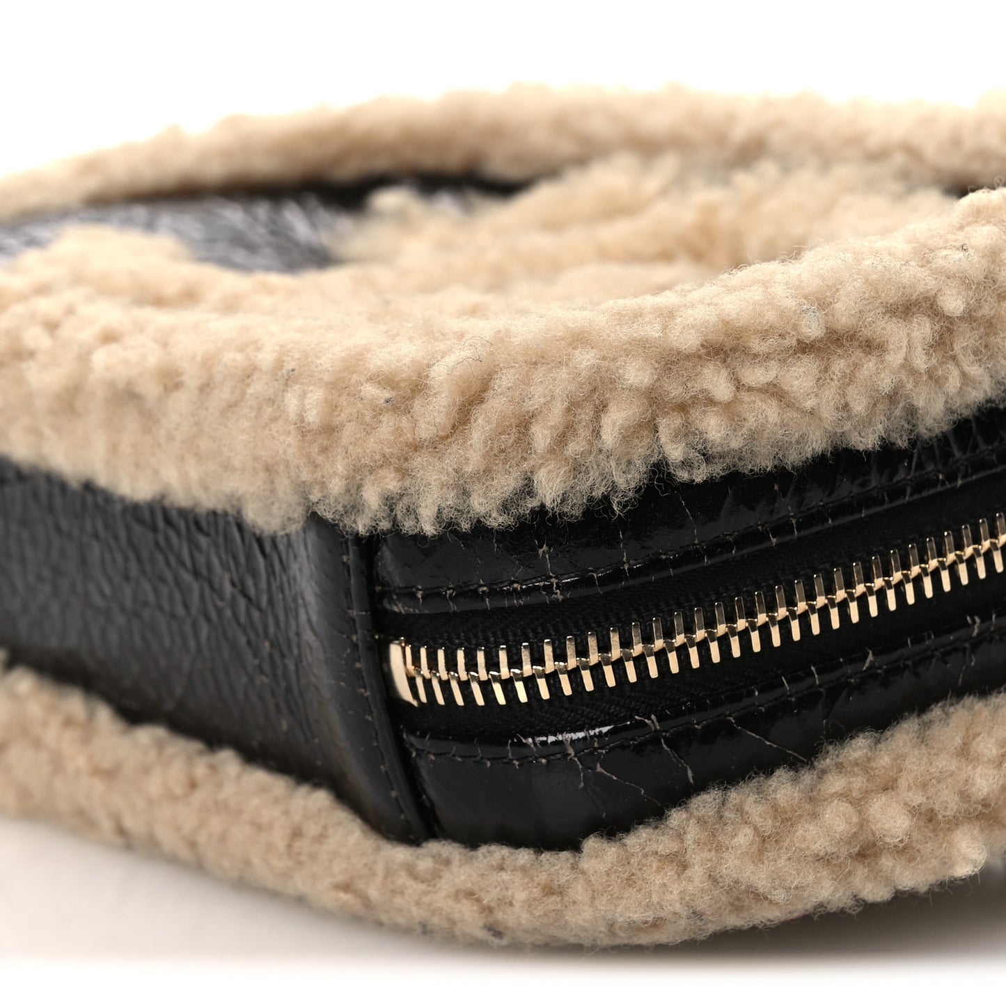Shiny Crumpled Sheepskin Shearling Waist Bag Black Beige