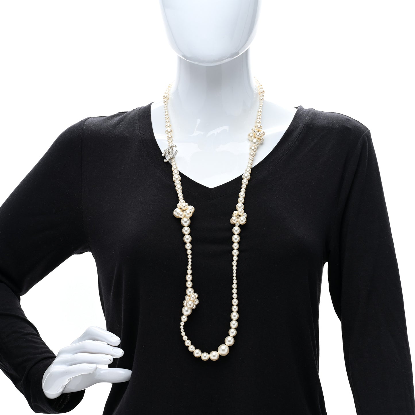 Pearl Cluster CC Long Necklace Silver