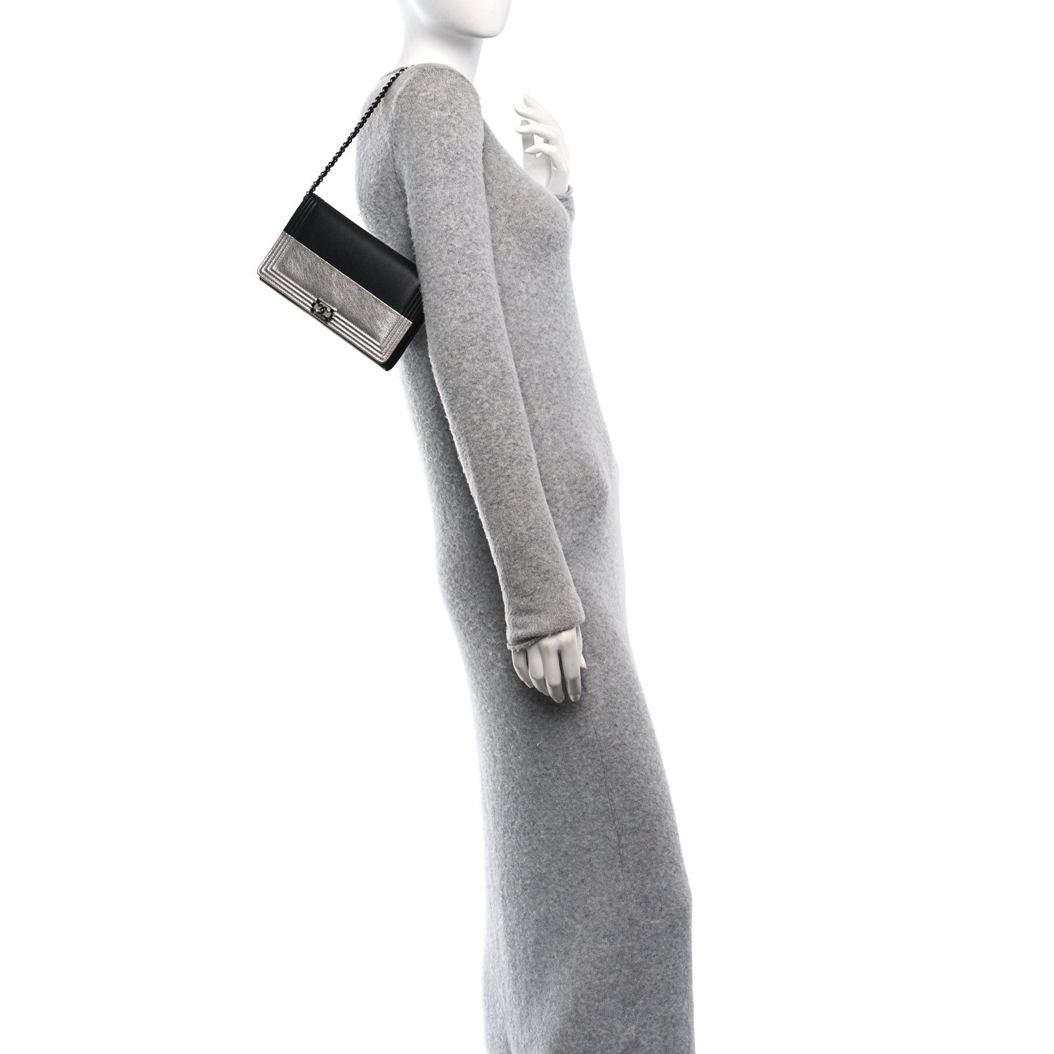 Chanel Metallic Goatskin Boy Wallet On Removable Chain WOC Black Silver 3 of 19