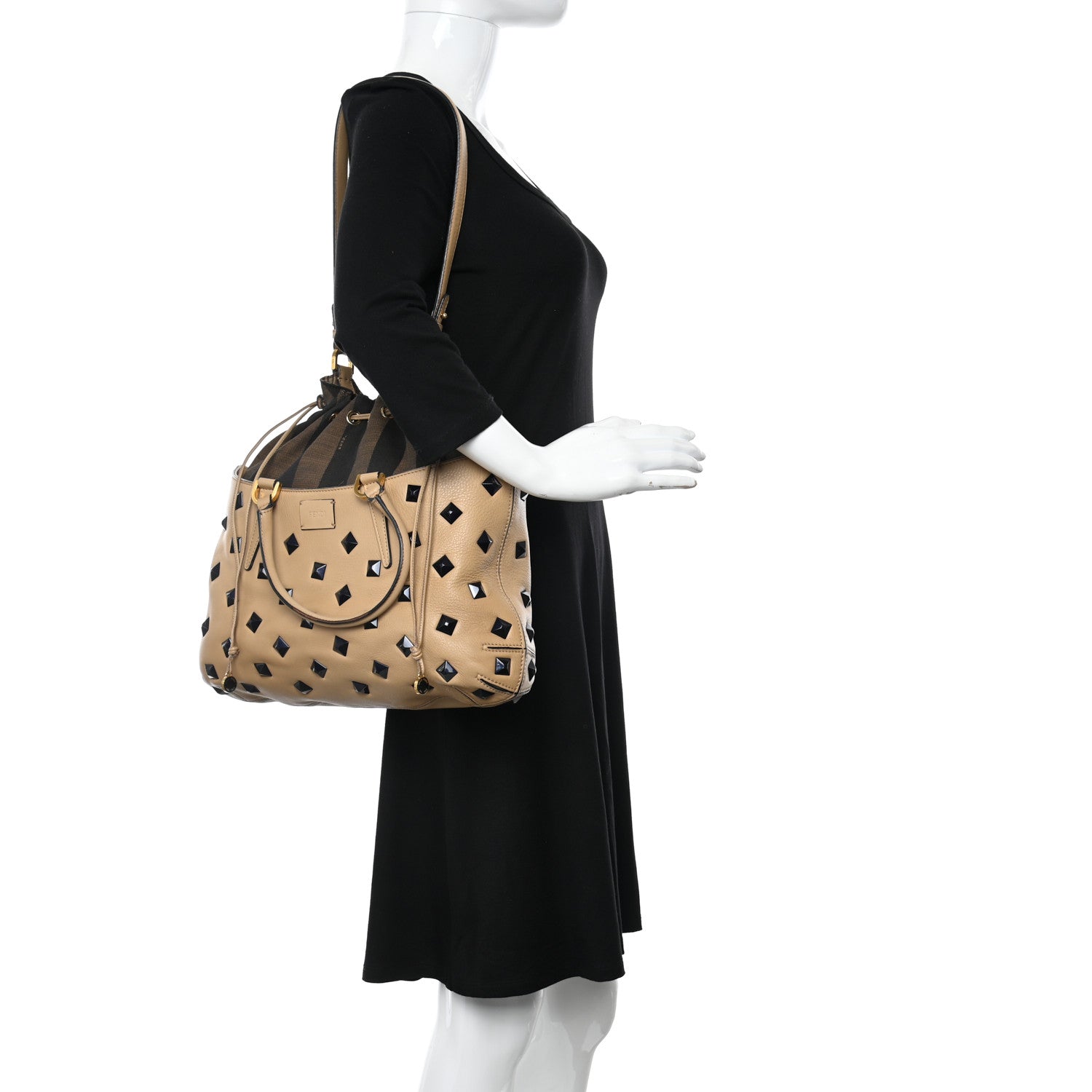 Fendi Calfskin Studded Medium B Fab Drawstring Tote Miel Scuro 2 of 18