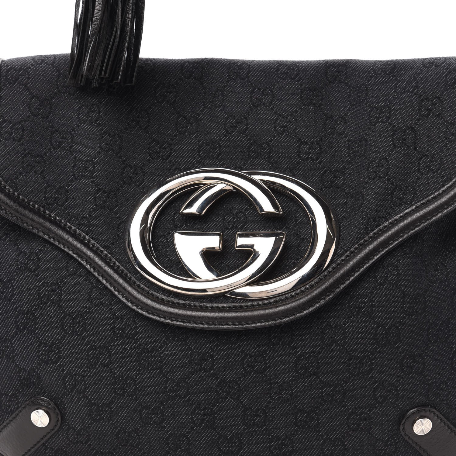 Gucci Denim Monogram Britt Tassel Shoulder Bag Black 10 of 10