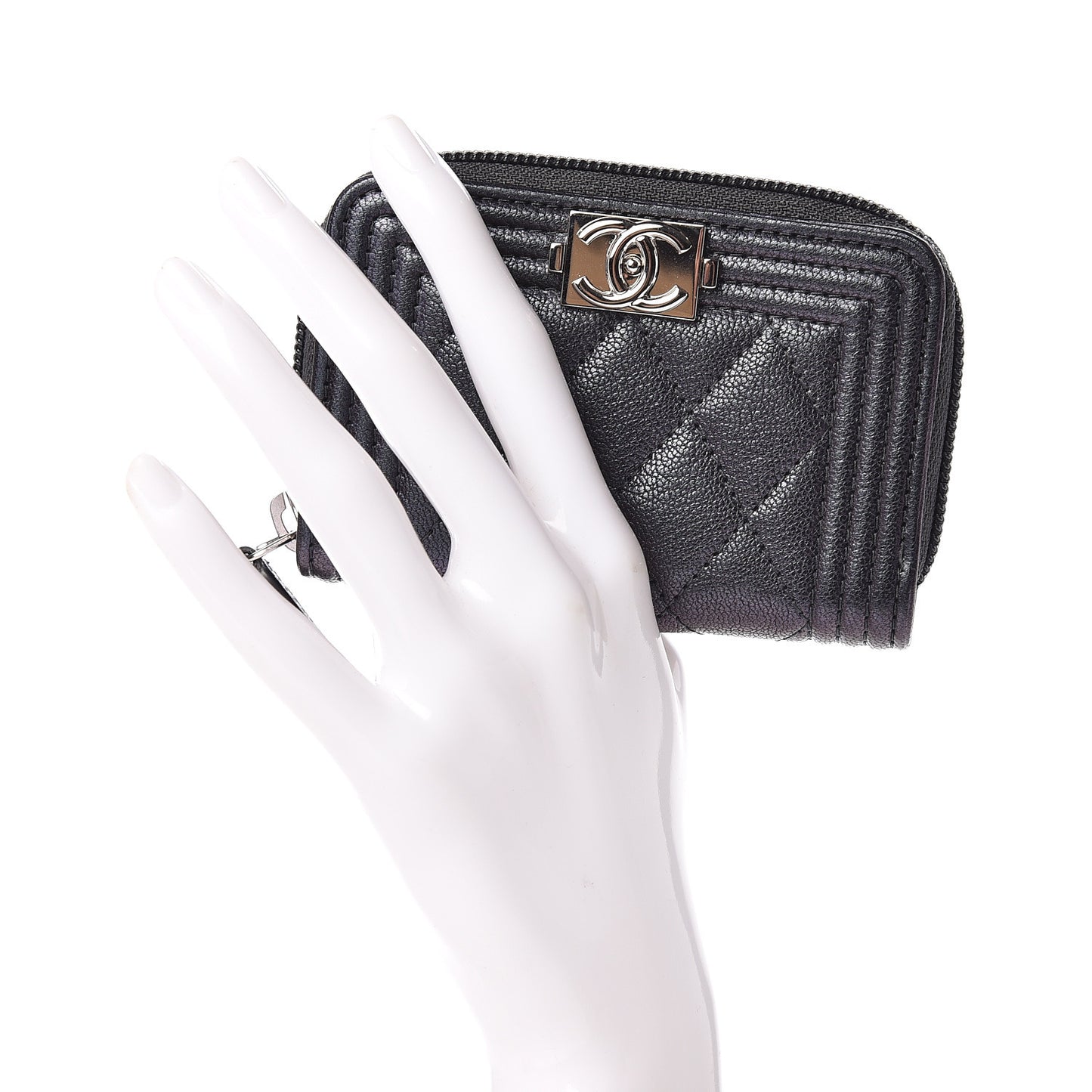 Iridescent Goatskin Quilted Boy Zip Around Coin Purse Wallet Black