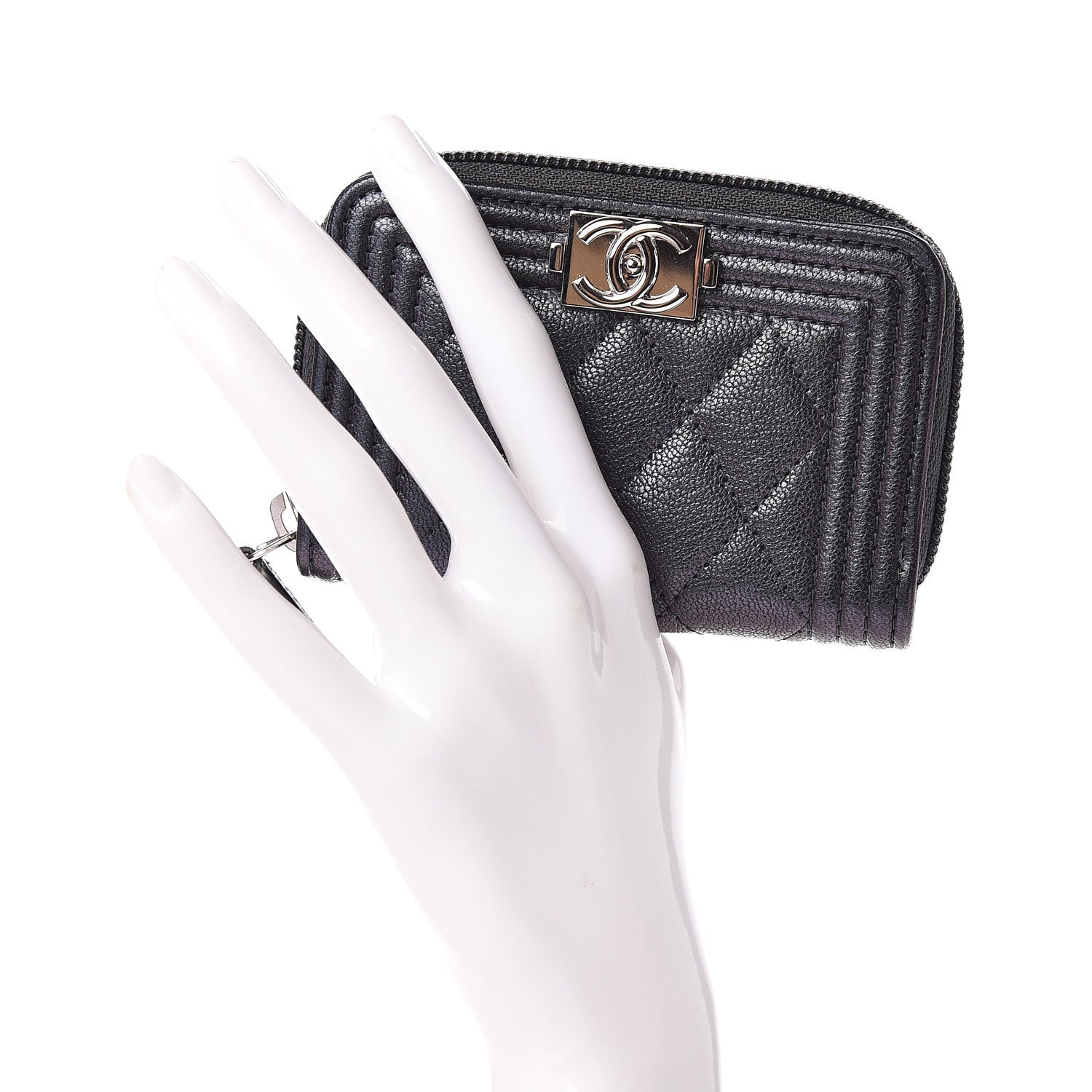 Chanel Iridescent Goatskin Quilted Boy Zip Around Coin Purse Wallet Black 2 of 8
