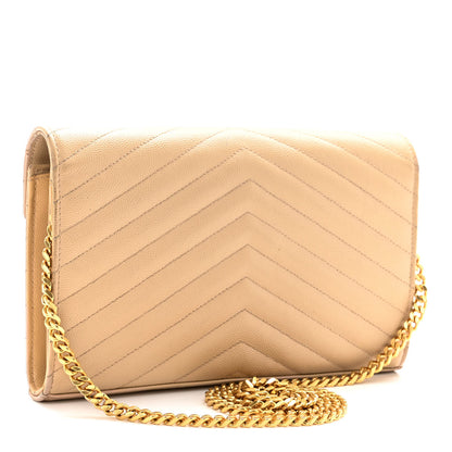 Saint Laurent Grain De Poudre Matelasse Chevron Monogram Chain Wallet Dark Beige 3 of 14