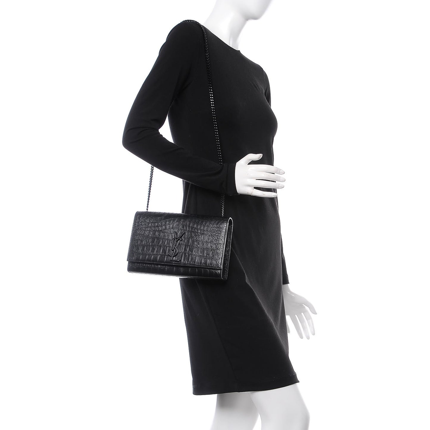 Calfskin Crocodile Embossed Medium Classic Monogram Kate Satchel Black