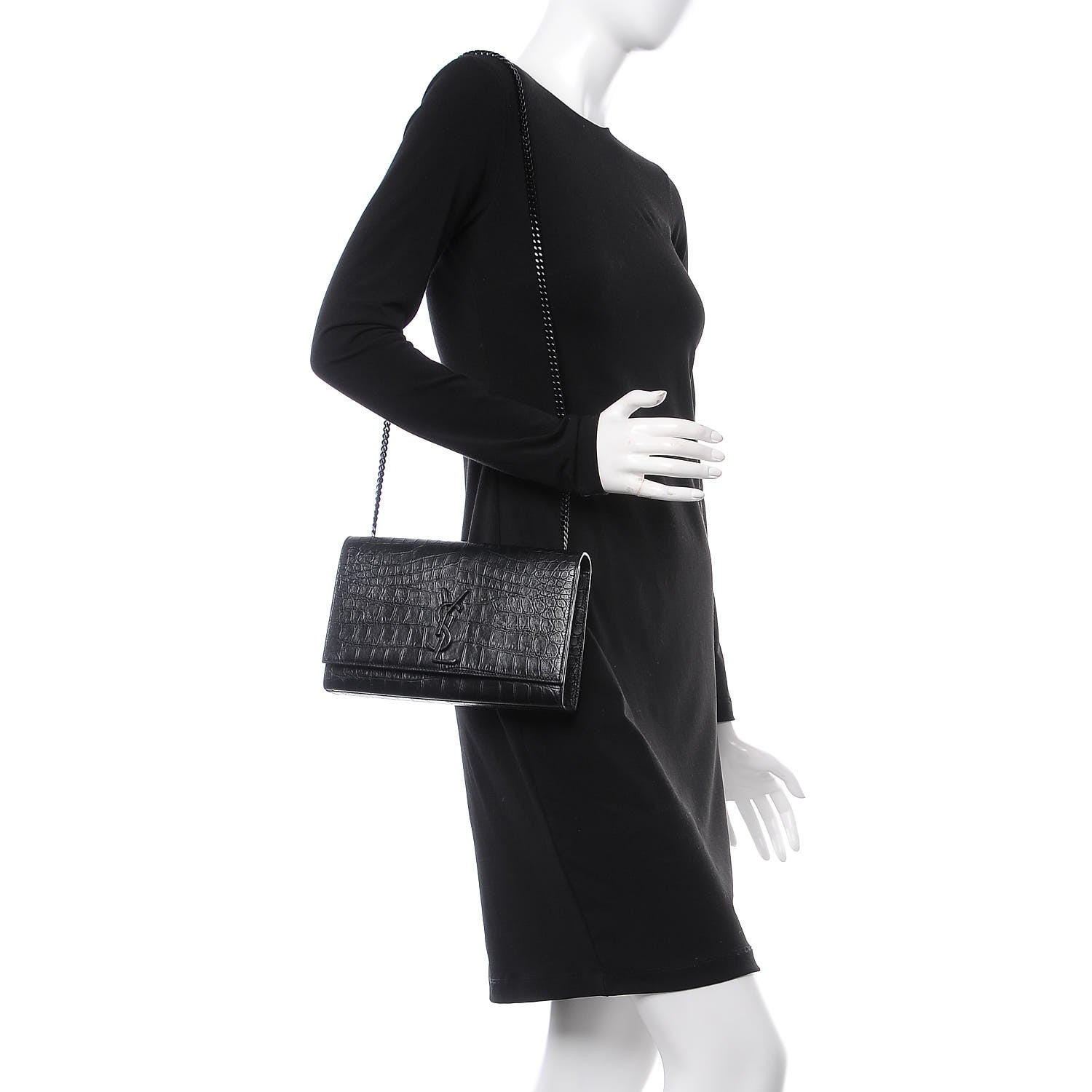 Saint Laurent Calfskin Crocodile Embossed Medium Classic Monogram Kate Satchel Black 2 of 6