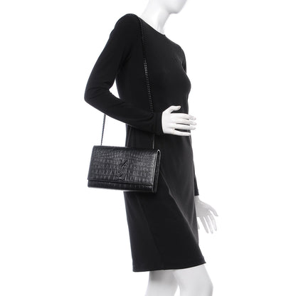 Saint Laurent Calfskin Crocodile Embossed Medium Classic Monogram Kate Satchel Black 2 of 6