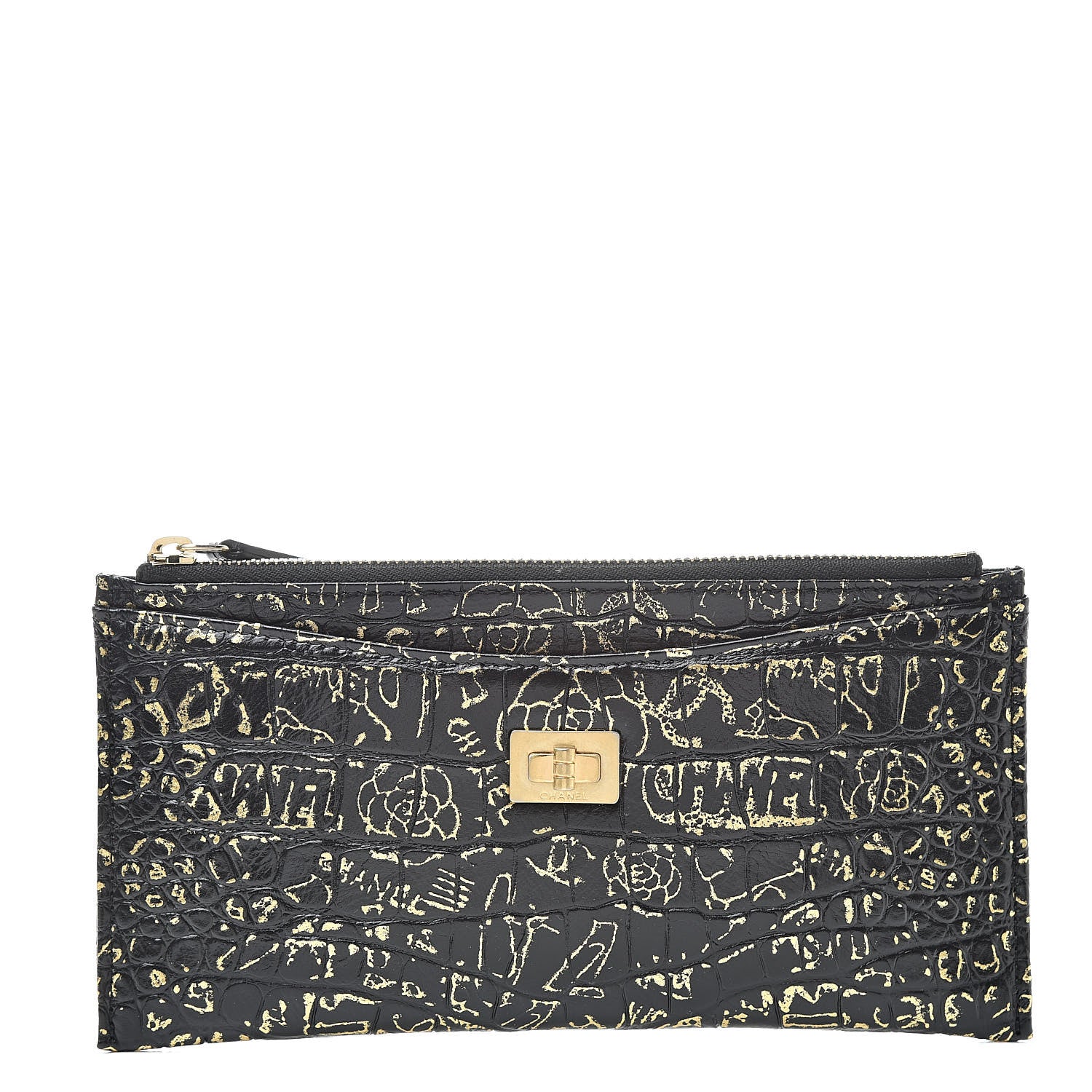 Chanel Calfskin Crocodile Embossed Graffiti 2.55 Cocodile Reissue Zip Pouch Black Gold 1 of 8