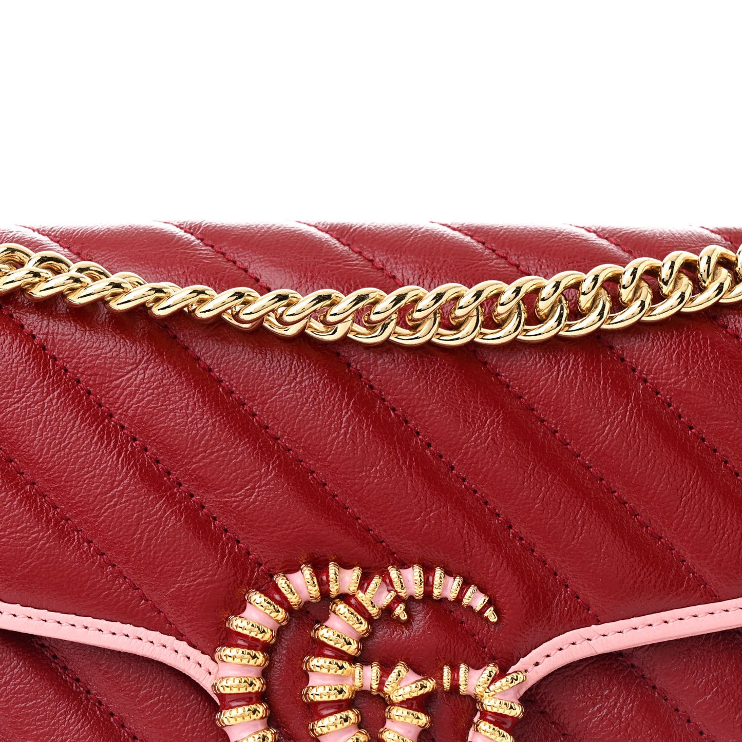 Azalea Calfskin Enamel Matelasse Diagonal Small Torchon GG Marmont Shoulder Bag New Cherry Red Wild Rose