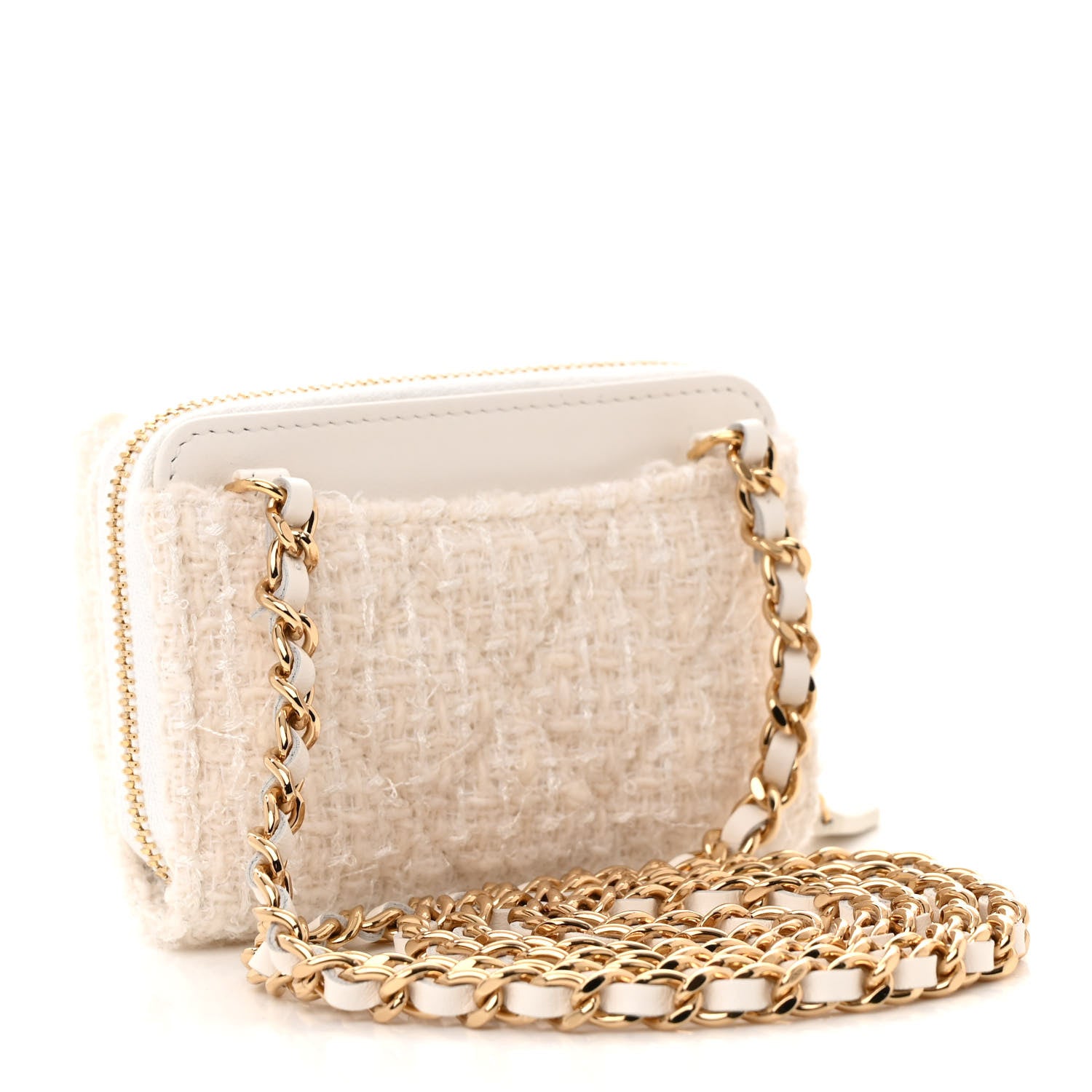 Chanel Tweed Quilted Bow Flap Card Holder On Chain White 3 of 12