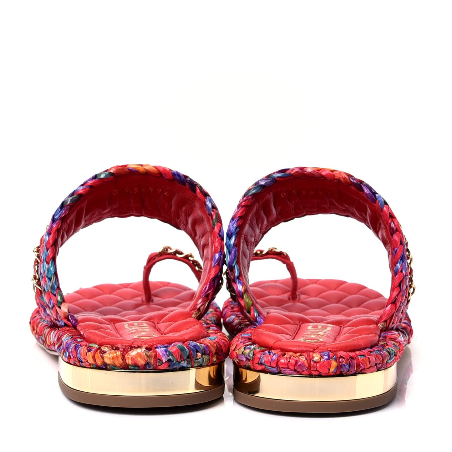 Raffia Lambskin Woven Chain CC Toe Ring Sandals 36.5 Red Multicolor