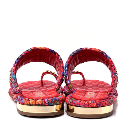 Chanel Raffia Lambskin Woven Chain CC Toe Ring Sandals 36.5 Red Multicolor 6 of 10