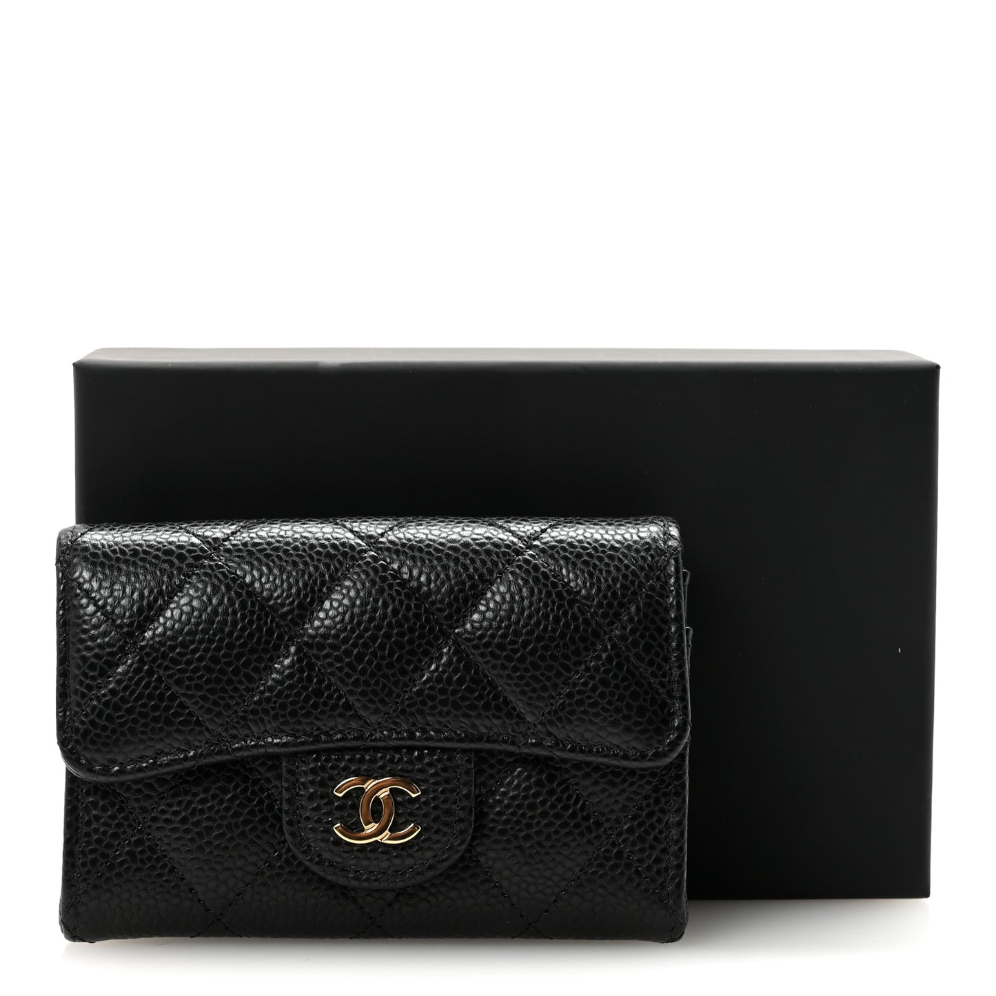 Caviar Quilted Flap Card Holder Wallet Black